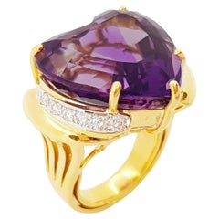 Heart Shape Amethyst with Diamond Ring set in 14K Gold Settings