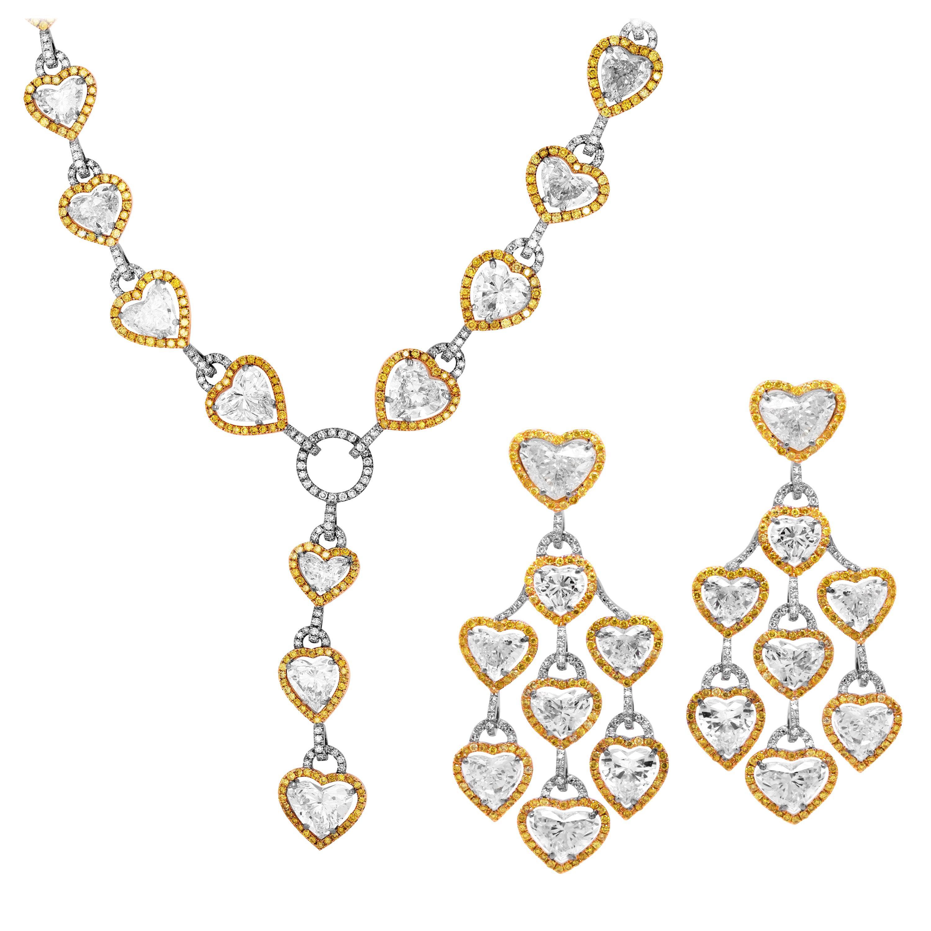 Heart Shape and Fancy Yellow Diamond Matching Necklace and Earrings Set