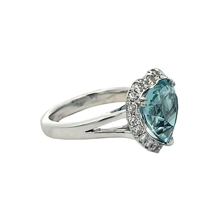 Heart Shape Aquamarine 3.30 Ct Round Diamond 0.35 Fashion Ring 14k White Gold  In New Condition For Sale In New York, NY