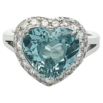 Heart Shape Aquamarine 3.30 Ct Round Diamond 0.35 Fashion Ring 14k White Gold  For Sale