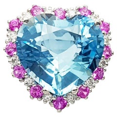 Heart Shape Aquamarine, Pink Sapphire and Diamond Ring set in 18K White Gold