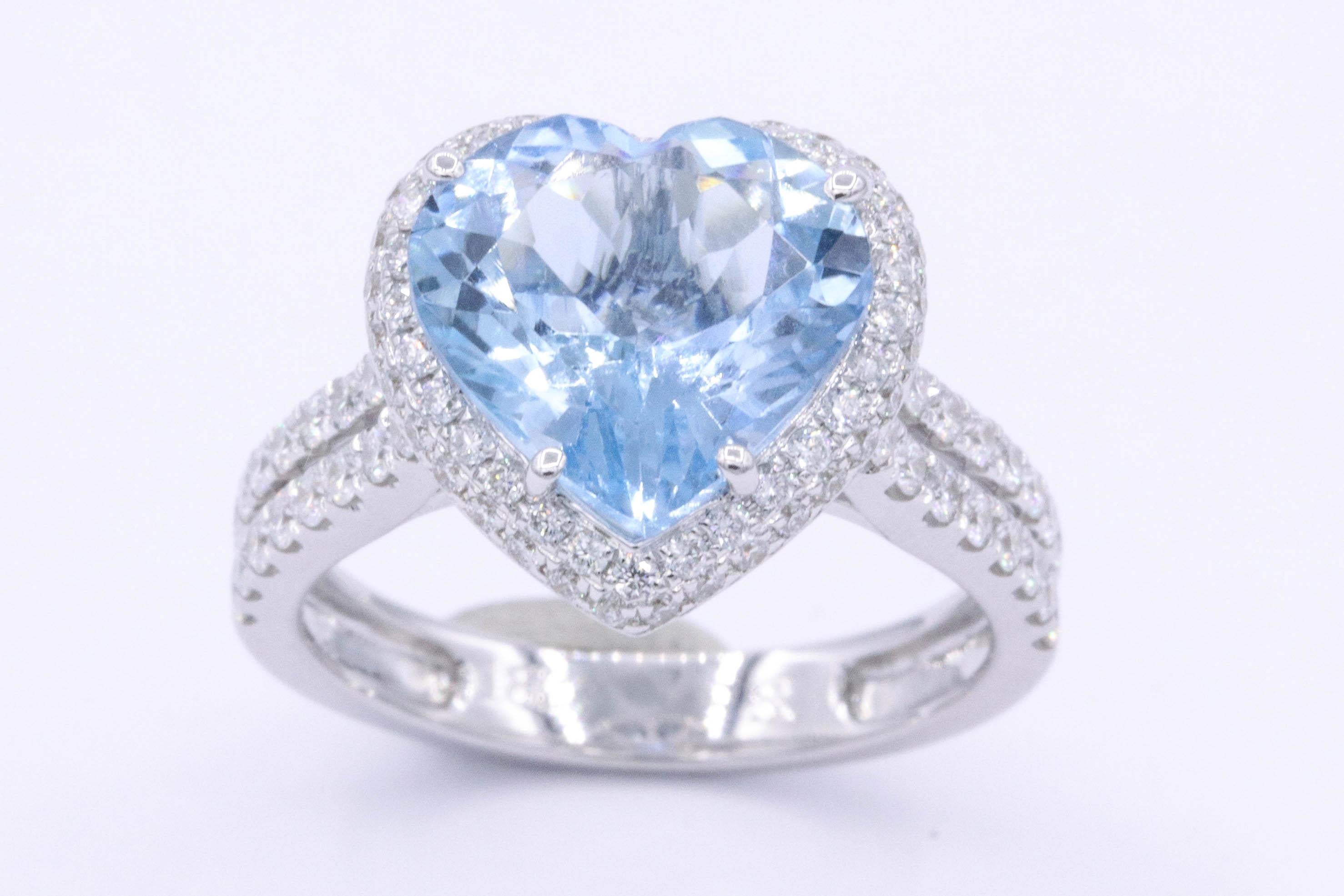 Women's Heart Shape Aquamarine Diamond Halo Ring 4.27 Carats 18K