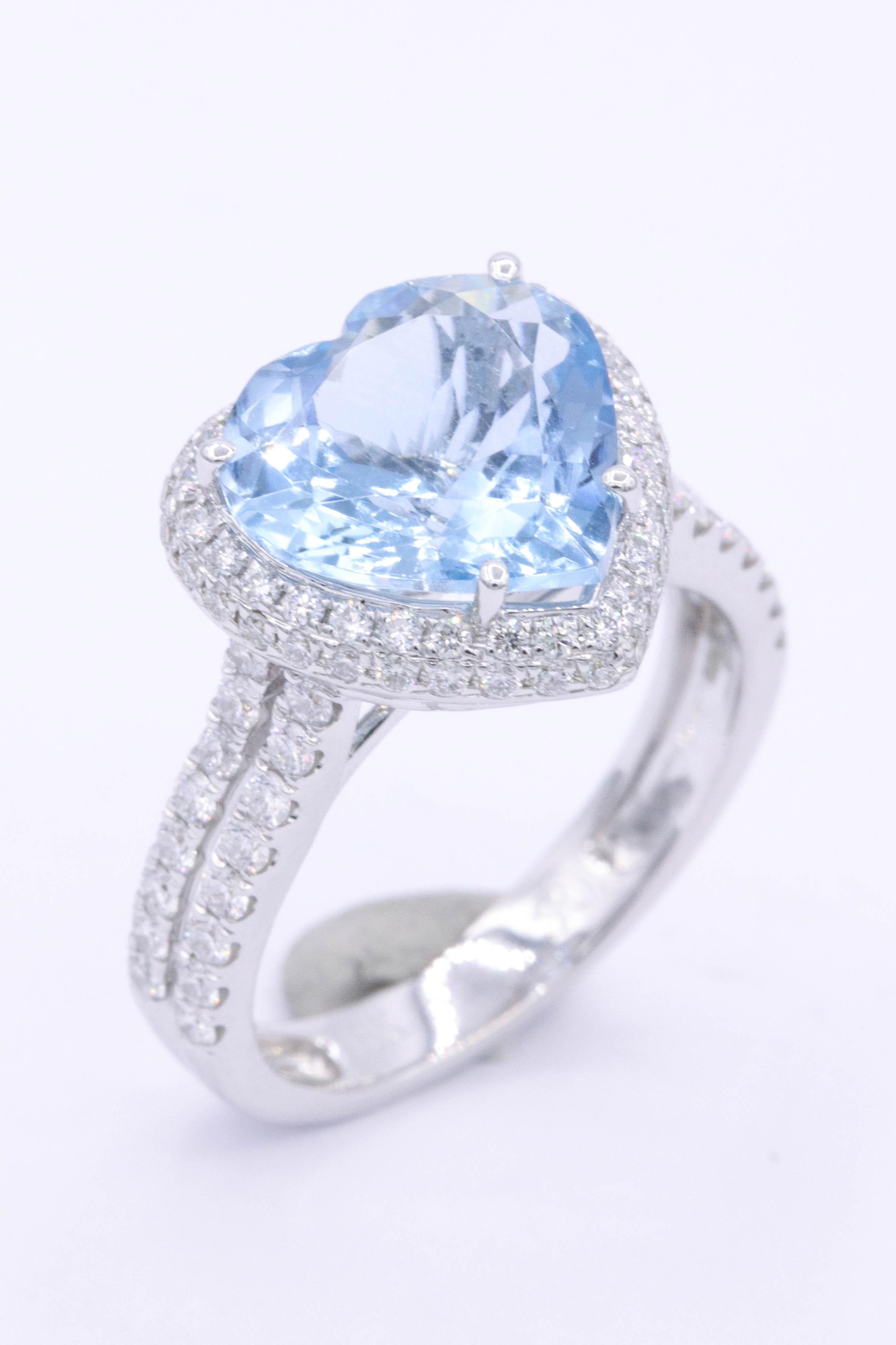 Heart Shape Aquamarine Diamond Halo Ring 4.27 Carats 18K 1