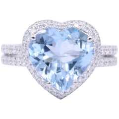 Heart Shape Aquamarine Diamond Halo Ring 4.27 Carats 18K
