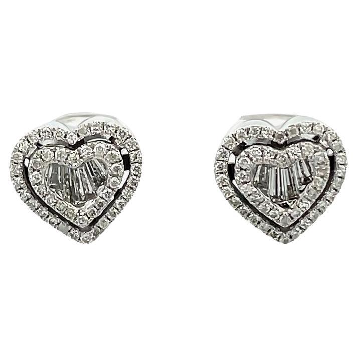 Heart Shape Baguette & Round Diamond Earrings 0.61 Carat 14K in White Gold