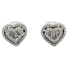 Heart Shape Baguette & Round Diamond Earrings 0.61 Carat 14K in White Gold