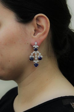 Heart Shape Blue Sapphire and White Diamonds Dangle Earrings