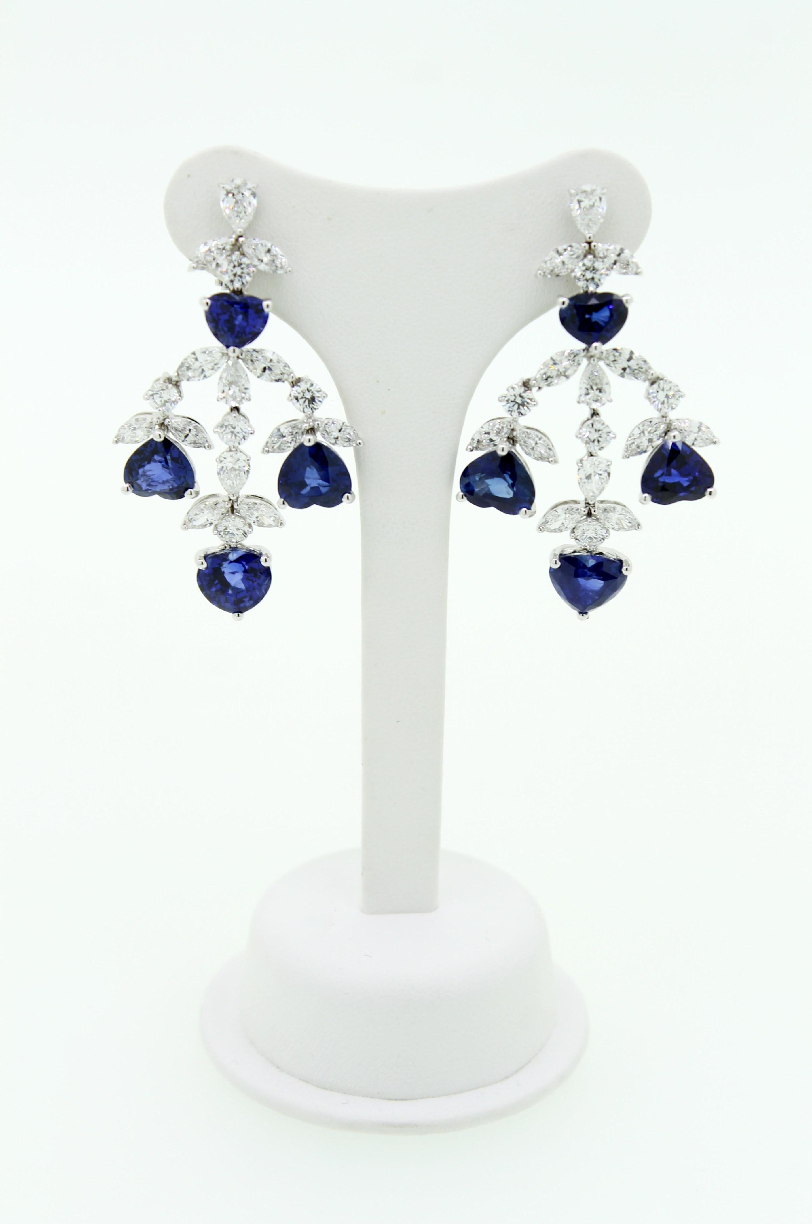Contemporary Heart Shape Blue Sapphire and White Diamonds Dangle Earrings For Sale