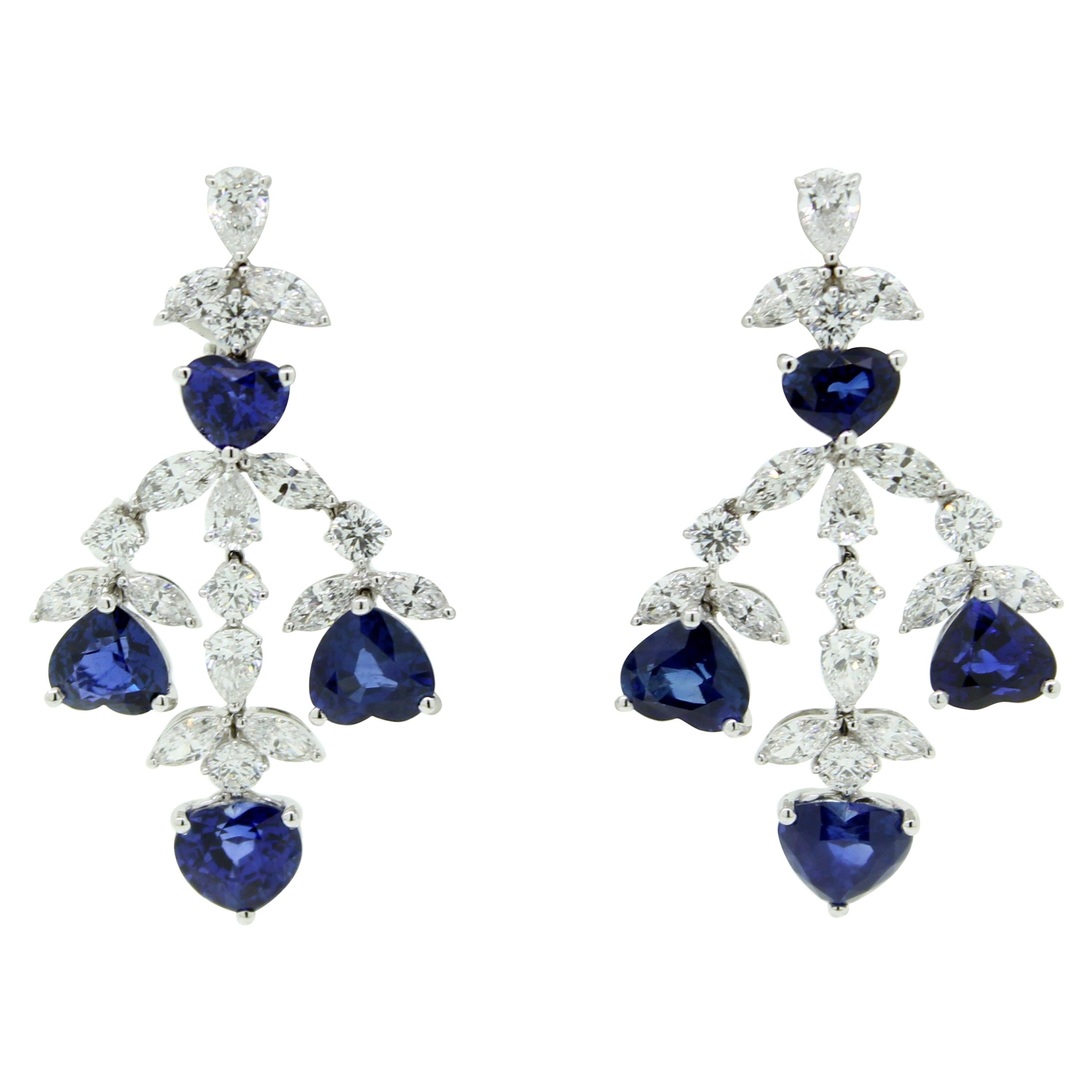 Heart Shape Blue Sapphire and White Diamonds Dangle Earrings For Sale