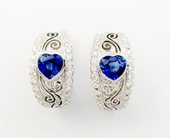 Heart Shape Blue Sapphire with Diamond Earrings set in 18K White Gold Settings