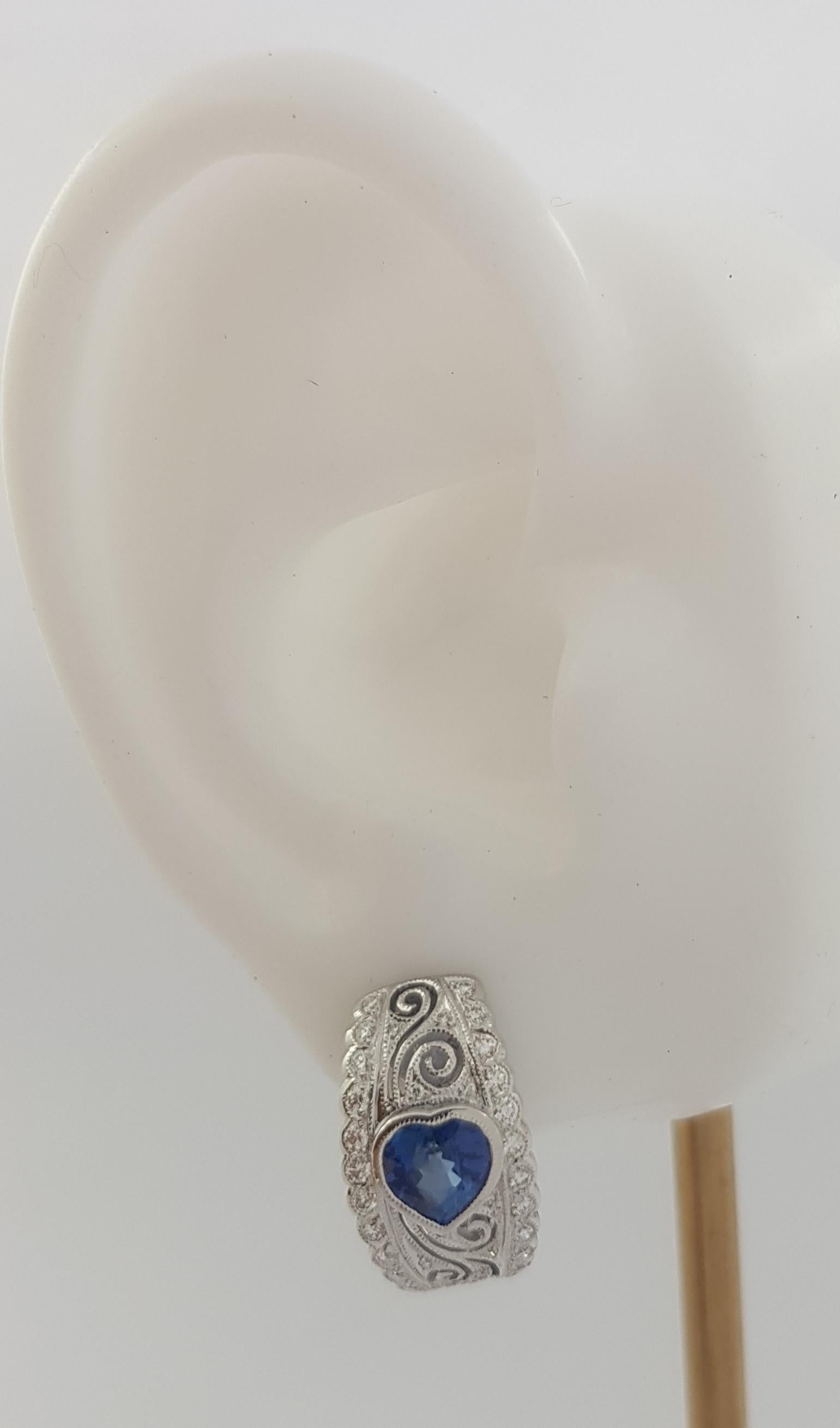 Art Deco Heart Shape Blue Sapphire with Diamond Earrings set in 18K White Gold Settings For Sale