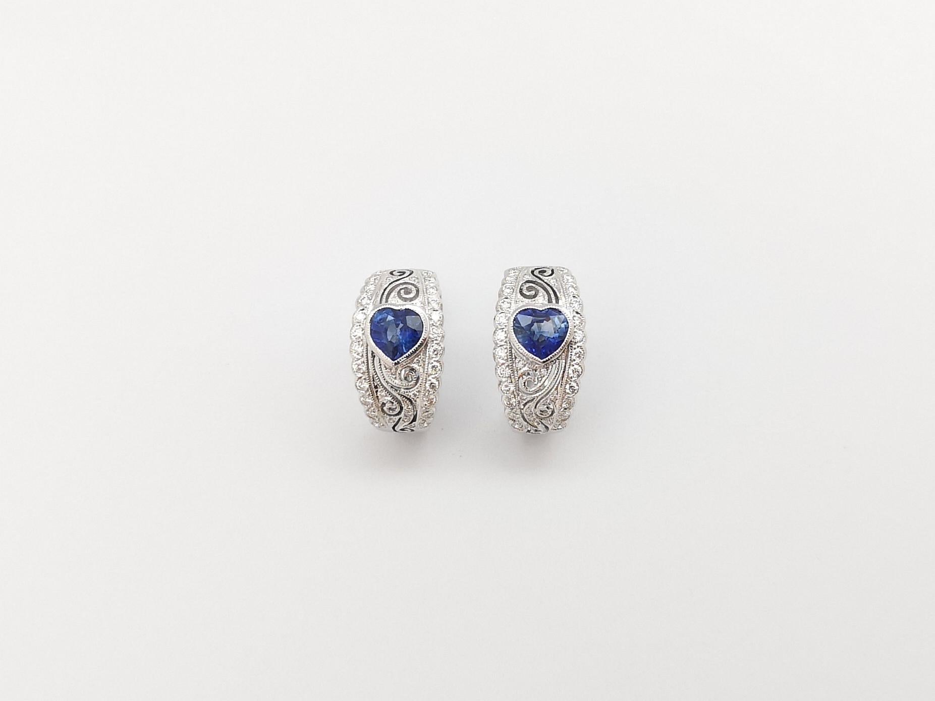Heart Cut Heart Shape Blue Sapphire with Diamond Earrings set in 18K White Gold Settings For Sale