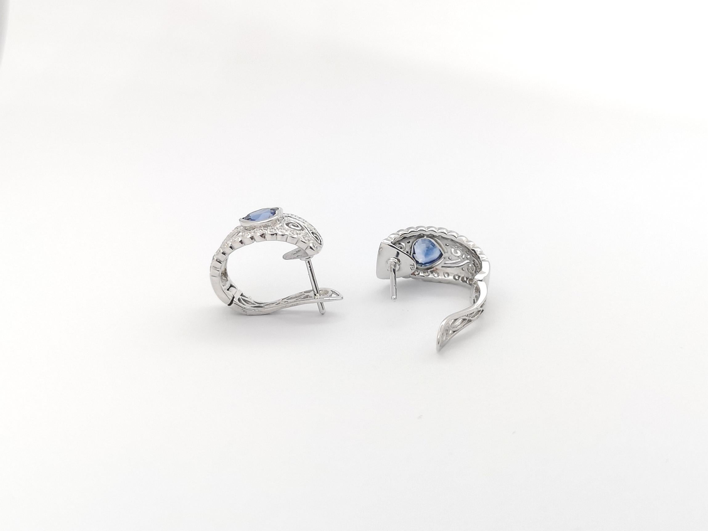 Heart Shape Blue Sapphire with Diamond Earrings set in 18K White Gold Settings For Sale 1