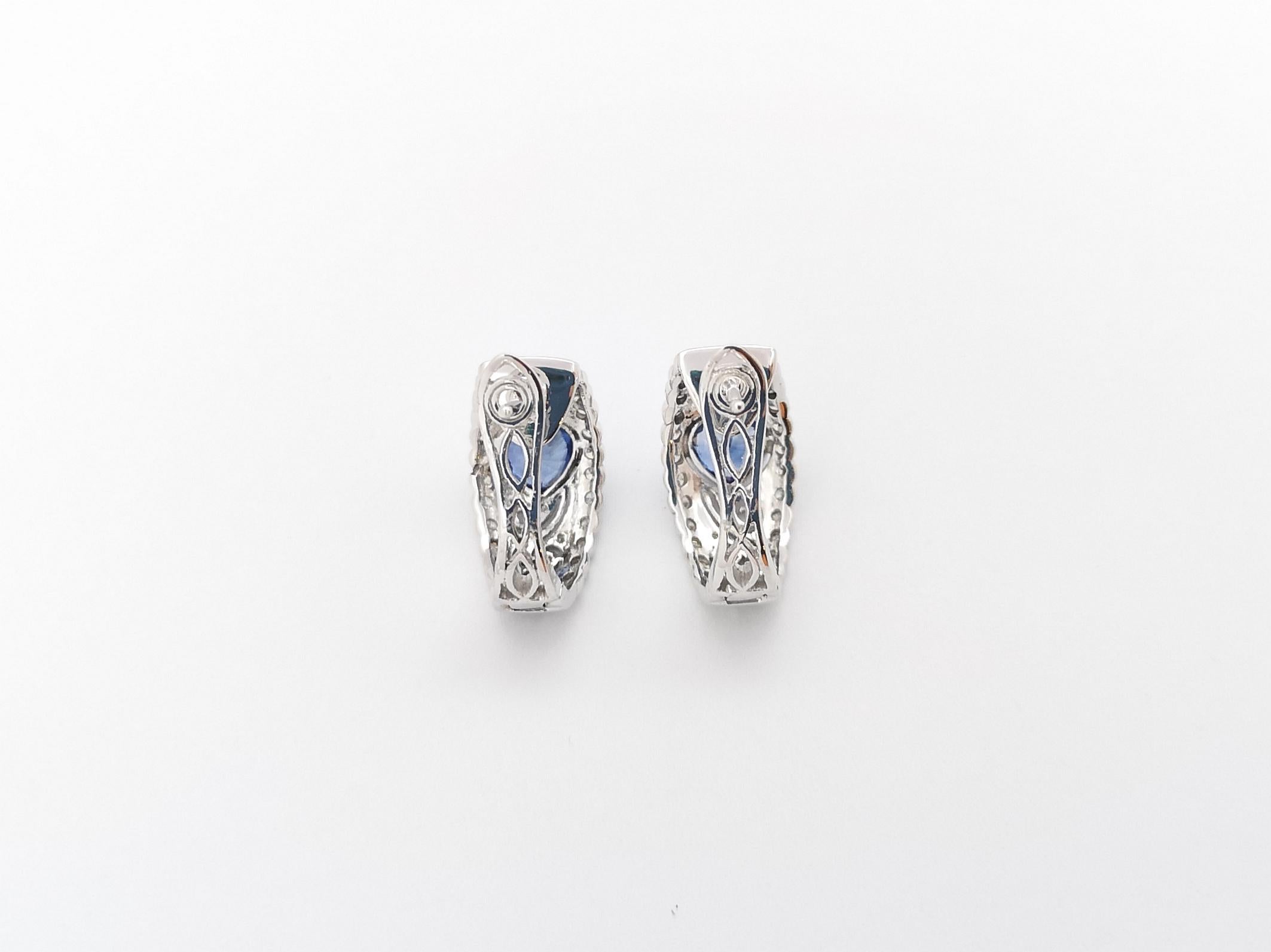 Heart Shape Blue Sapphire with Diamond Earrings set in 18K White Gold Settings For Sale 2