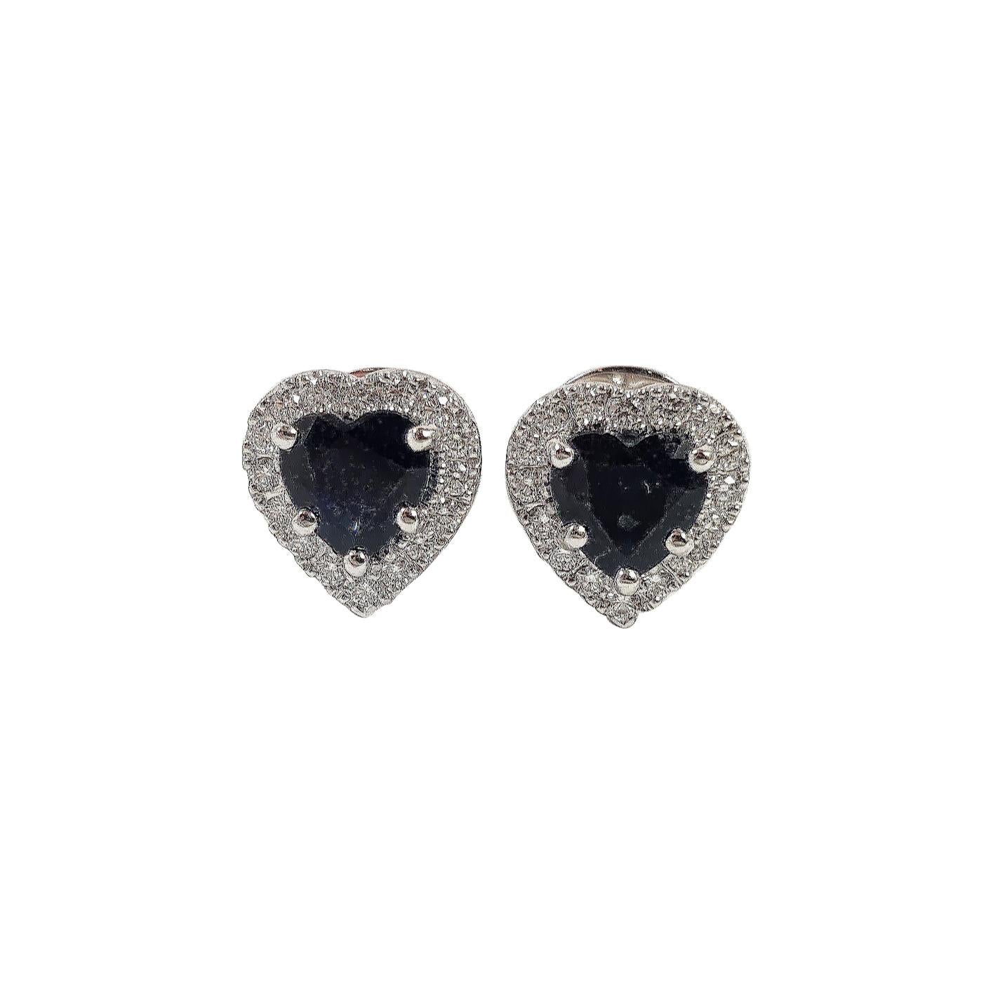 Heart Shape Blue Sapphire with Diamond Earrings Set in 18K White Gold Settings For Sale