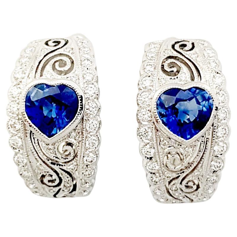 Heart Shape Blue Sapphire with Diamond Earrings set in 18K White Gold Settings For Sale