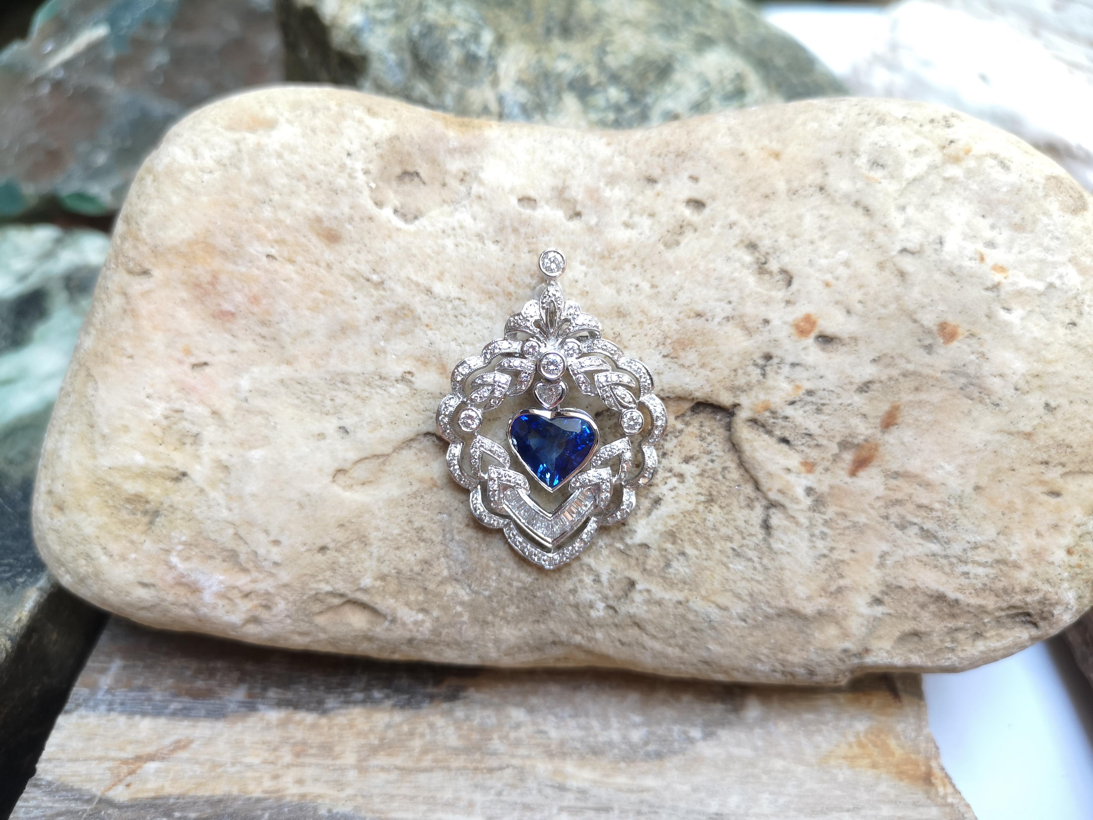 Heart Shape Blue Sapphire with Diamond Pendant Set in 18 Karat White Gold For Sale 1