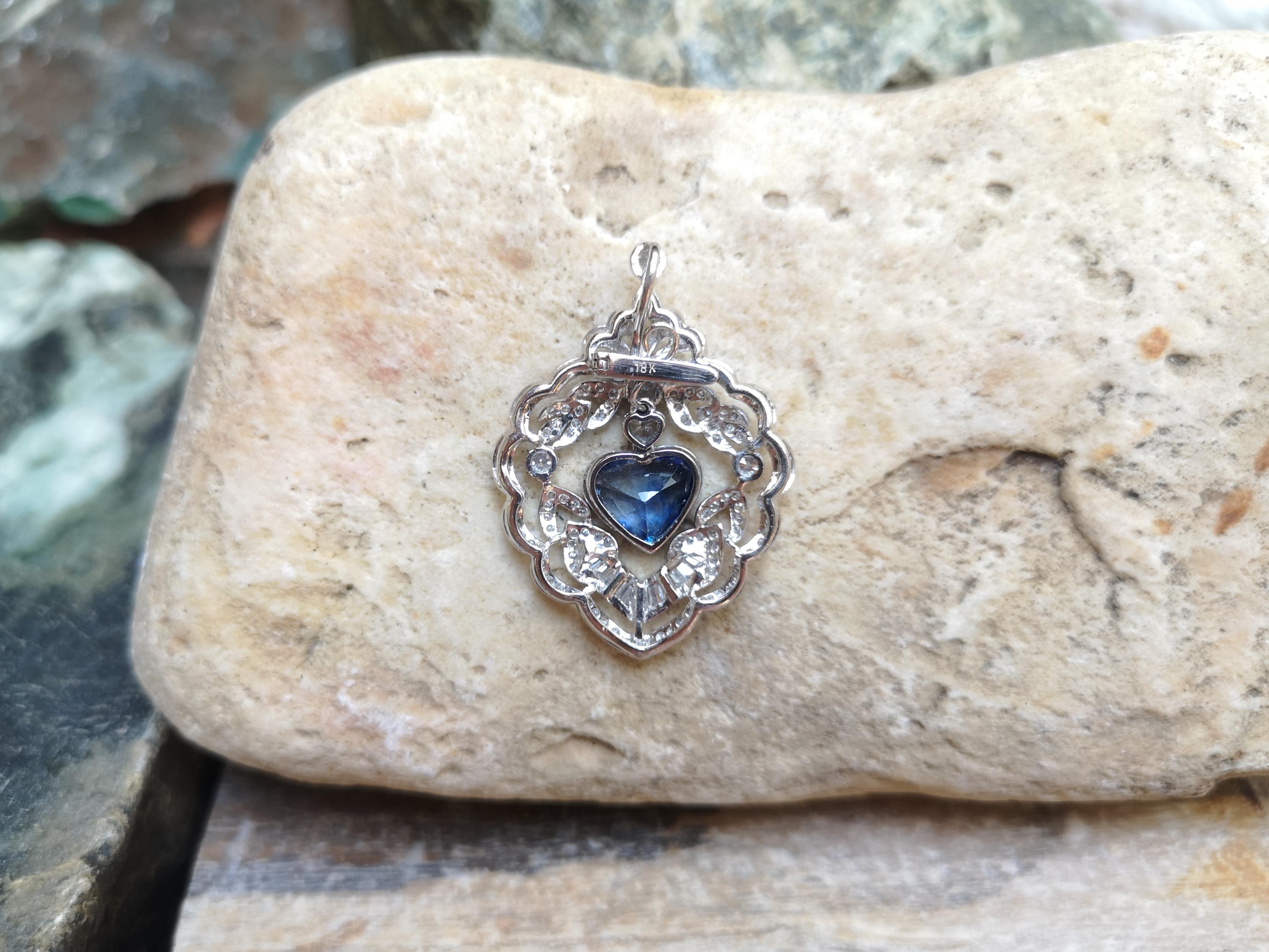 Heart Shape Blue Sapphire with Diamond Pendant Set in 18 Karat White Gold For Sale 2