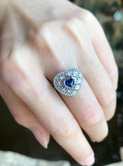 Heart Shape Blue Sapphire with Diamond Ring Set in 18 Karat White Gold Settings