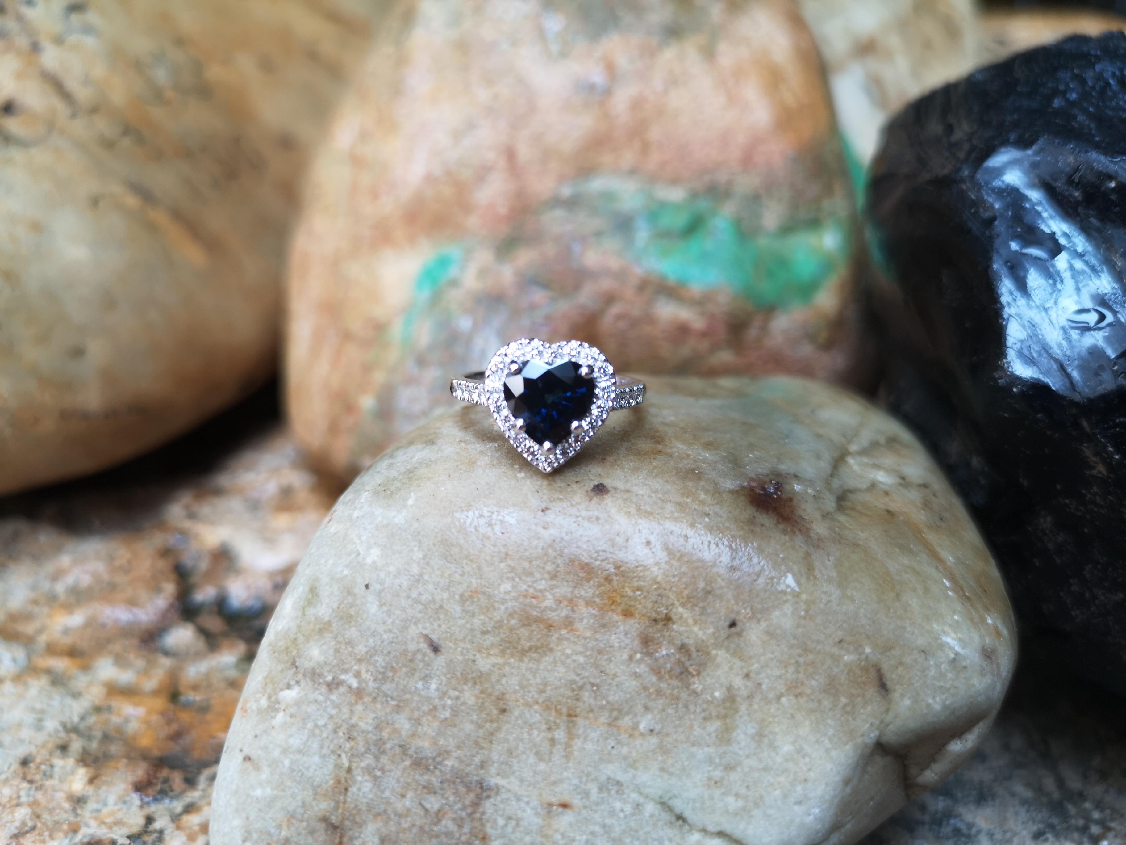 Heart Cut Heart Shape Blue Sapphire with Diamond Ring Set in 18 Karat White Gold Settings For Sale