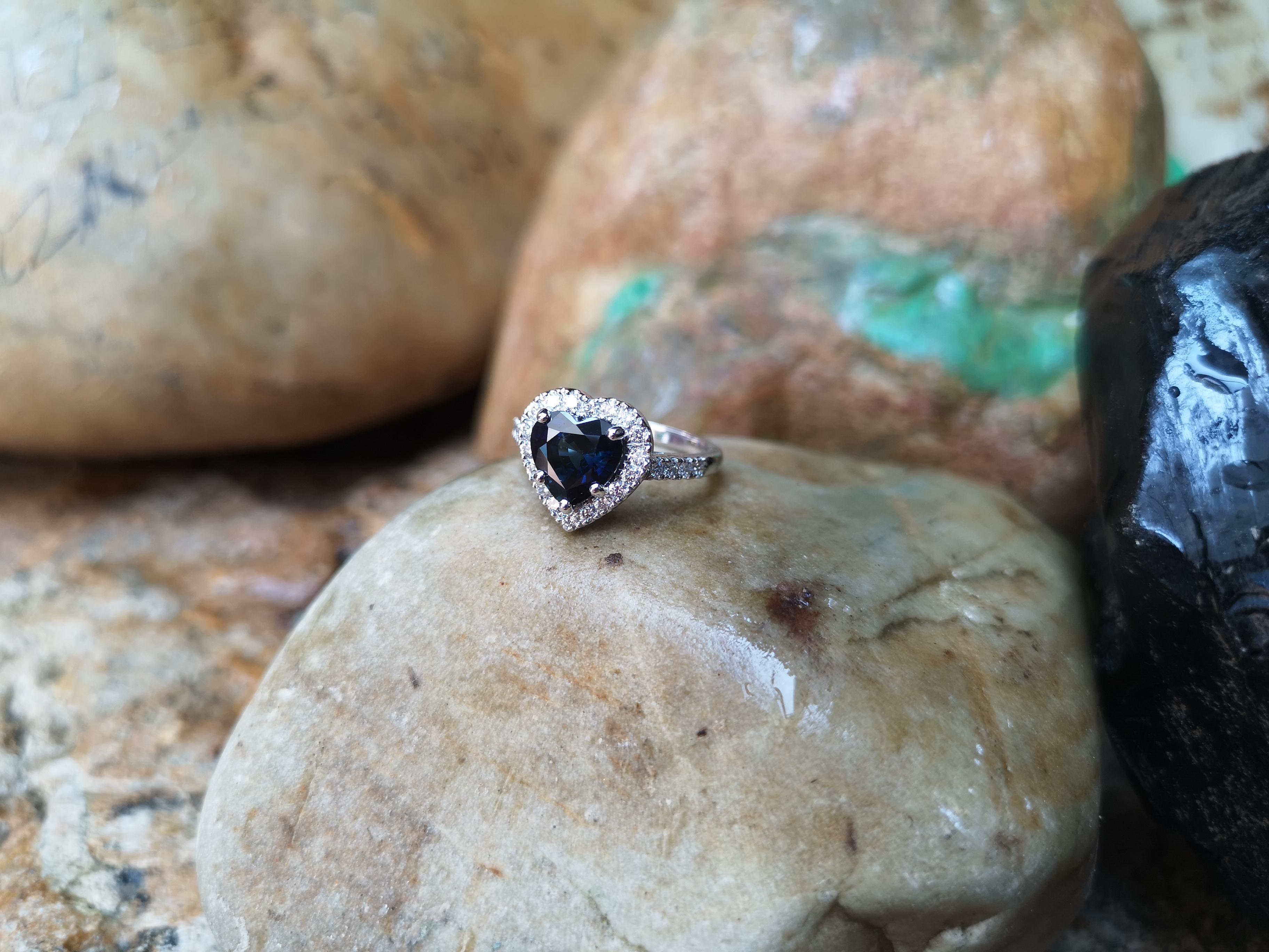 Women's Heart Shape Blue Sapphire with Diamond Ring Set in 18 Karat White Gold Settings For Sale