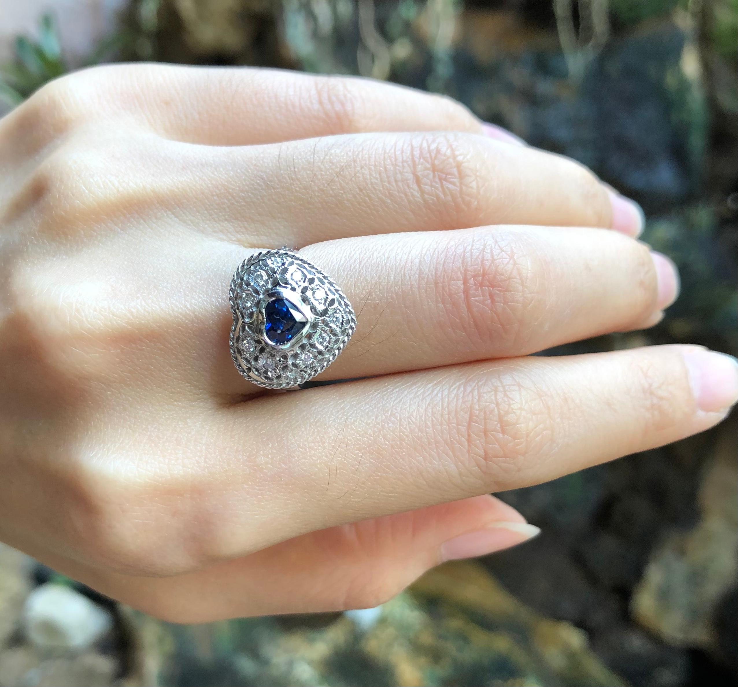 Women's Heart Shape Blue Sapphire with Diamond Ring Set in 18 Karat White Gold Settings For Sale