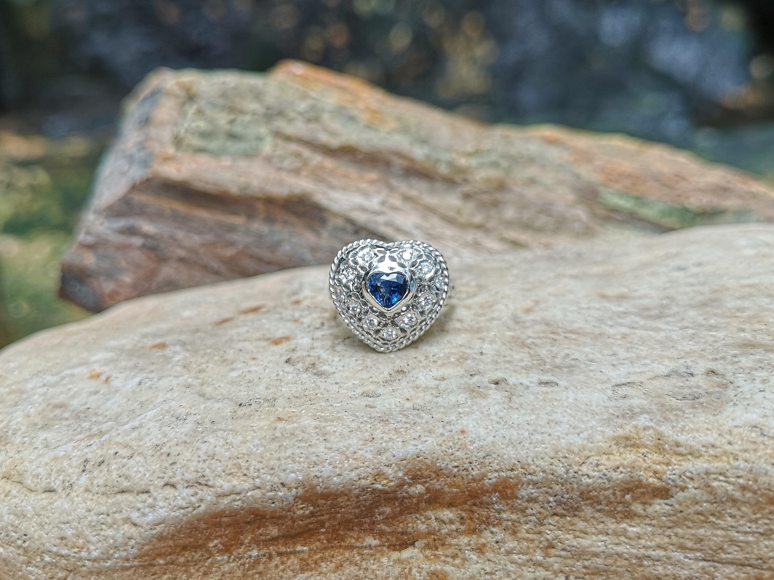Heart Shape Blue Sapphire with Diamond Ring Set in 18 Karat White Gold Settings For Sale 1