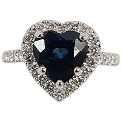 Heart Shape Blue Sapphire with Diamond Ring Set in 18 Karat White Gold Settings