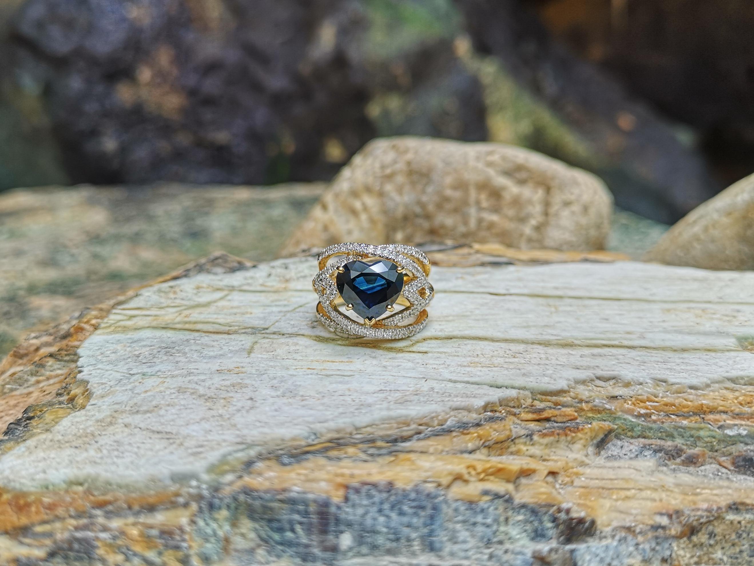 Heart Cut Heart Shape Blue Sapphire with Diamond Ring Set in 18k Gold Settings For Sale