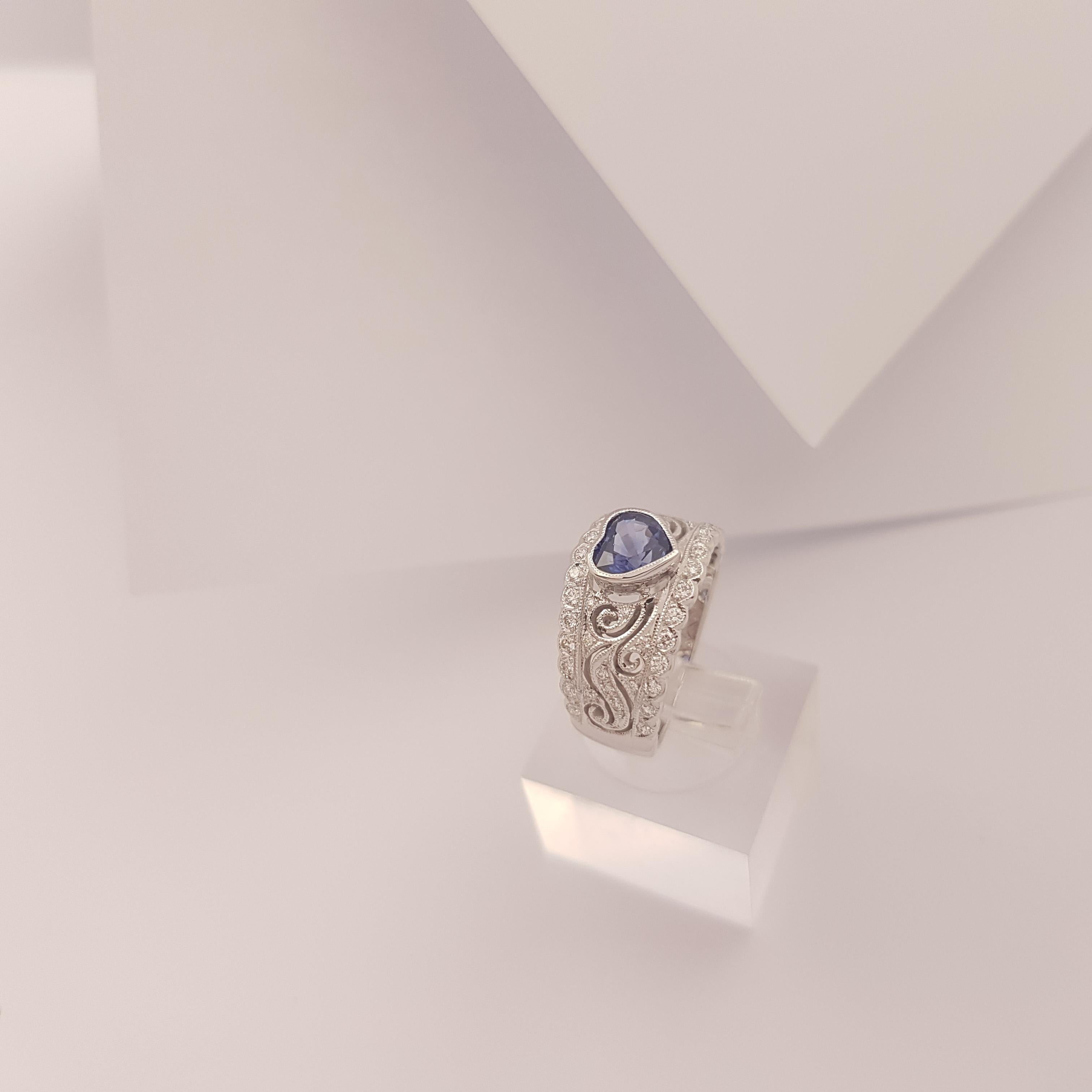 Heart Shape Blue Sapphire with Diamond Ring set in 18K White Gold Settings For Sale 4