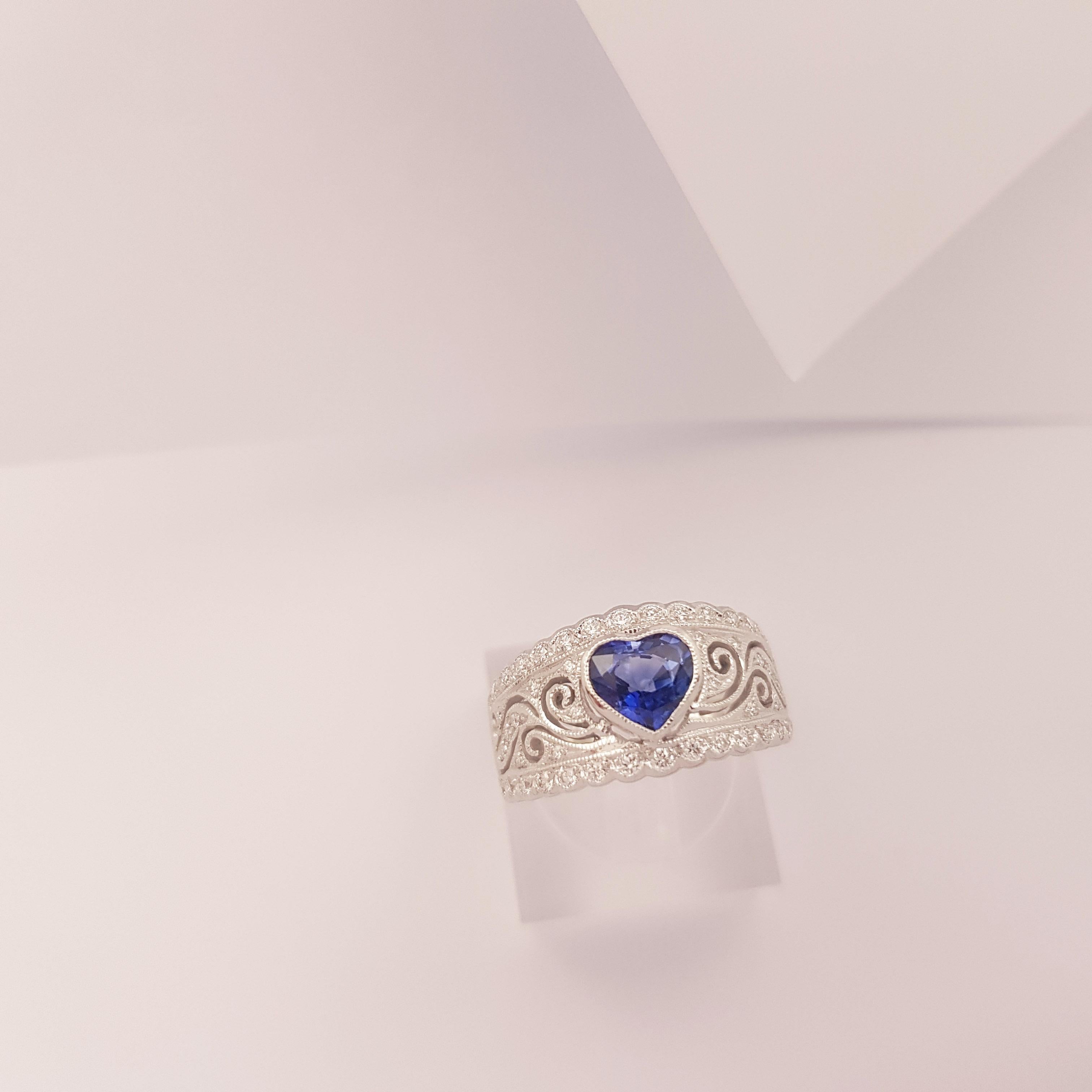 Heart Shape Blue Sapphire with Diamond Ring set in 18K White Gold Settings For Sale 2