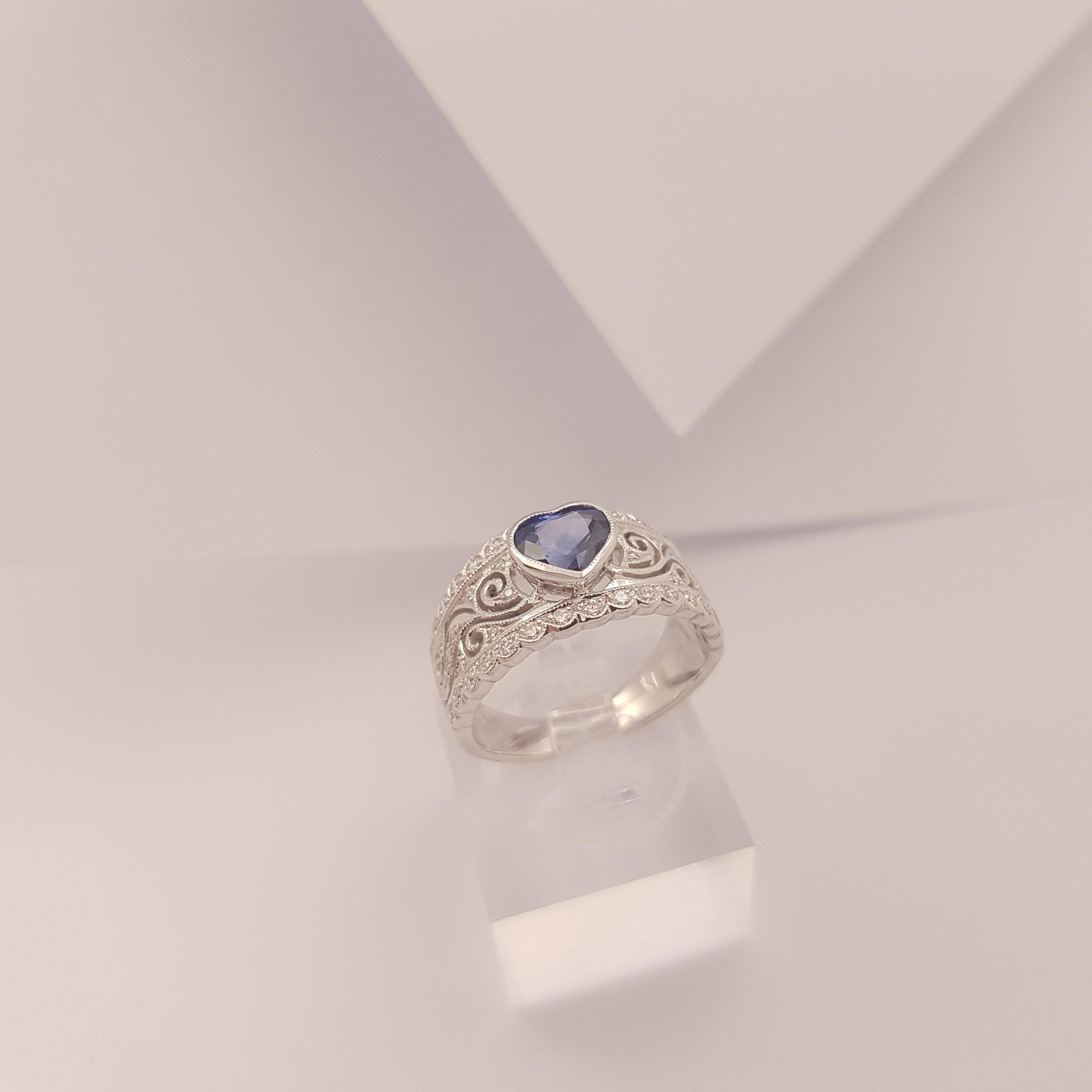 Heart Shape Blue Sapphire with Diamond Ring set in 18K White Gold Settings For Sale 3