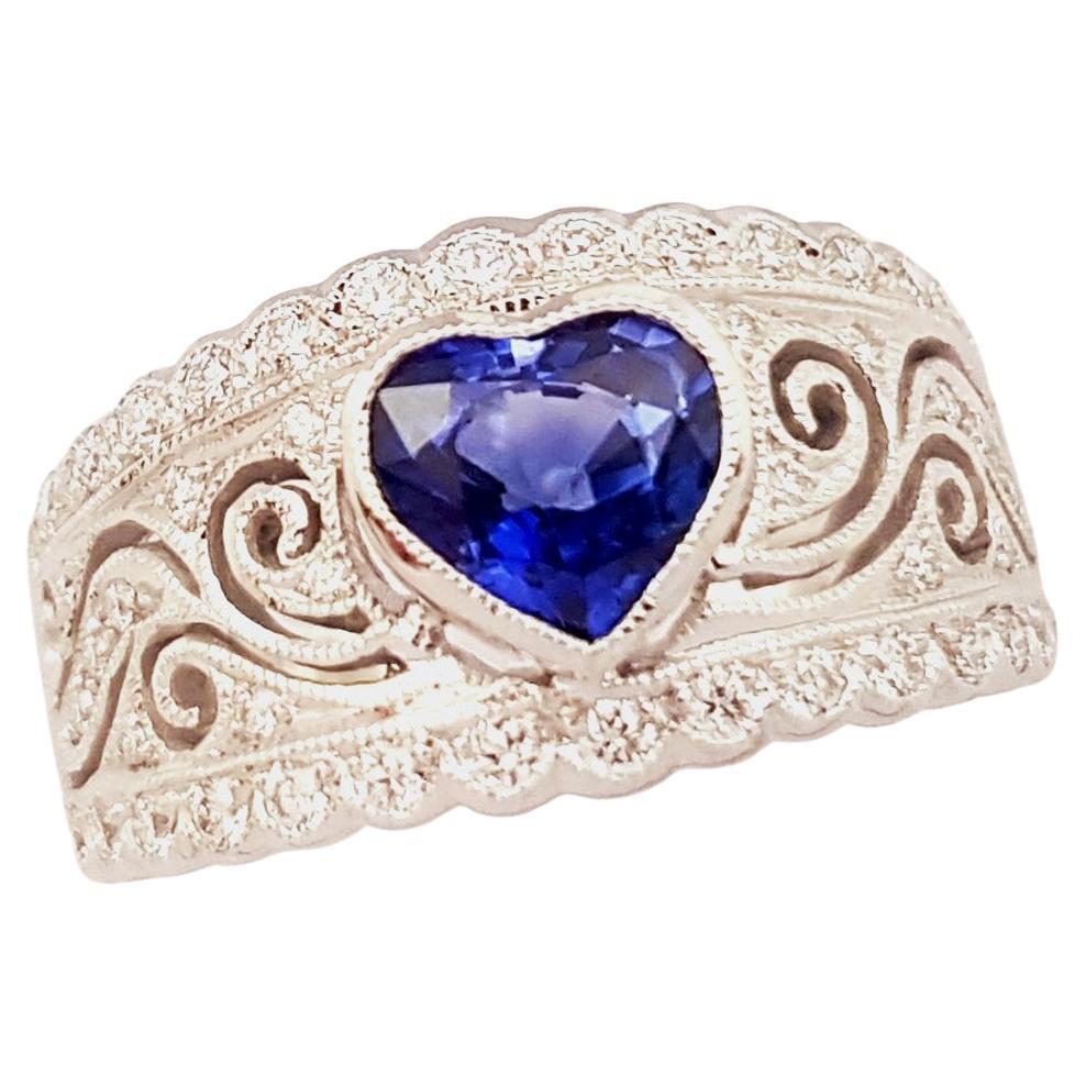 Heart Shape Blue Sapphire with Diamond Ring set in 18K White Gold Settings For Sale
