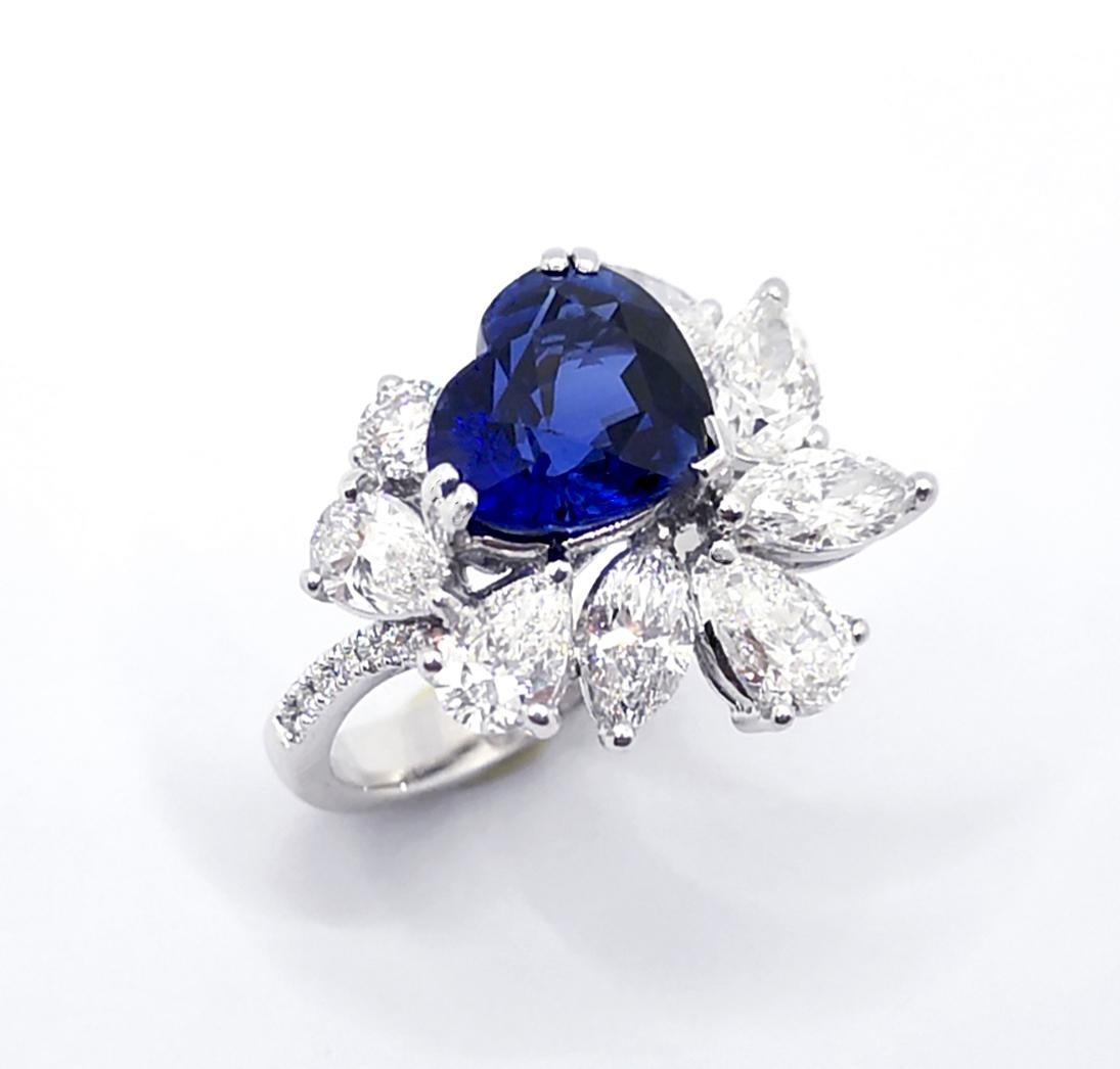 GIA Certified Heart Shape Blue Sapphire with Diamond Ring set in Platinum 950 For Sale 6