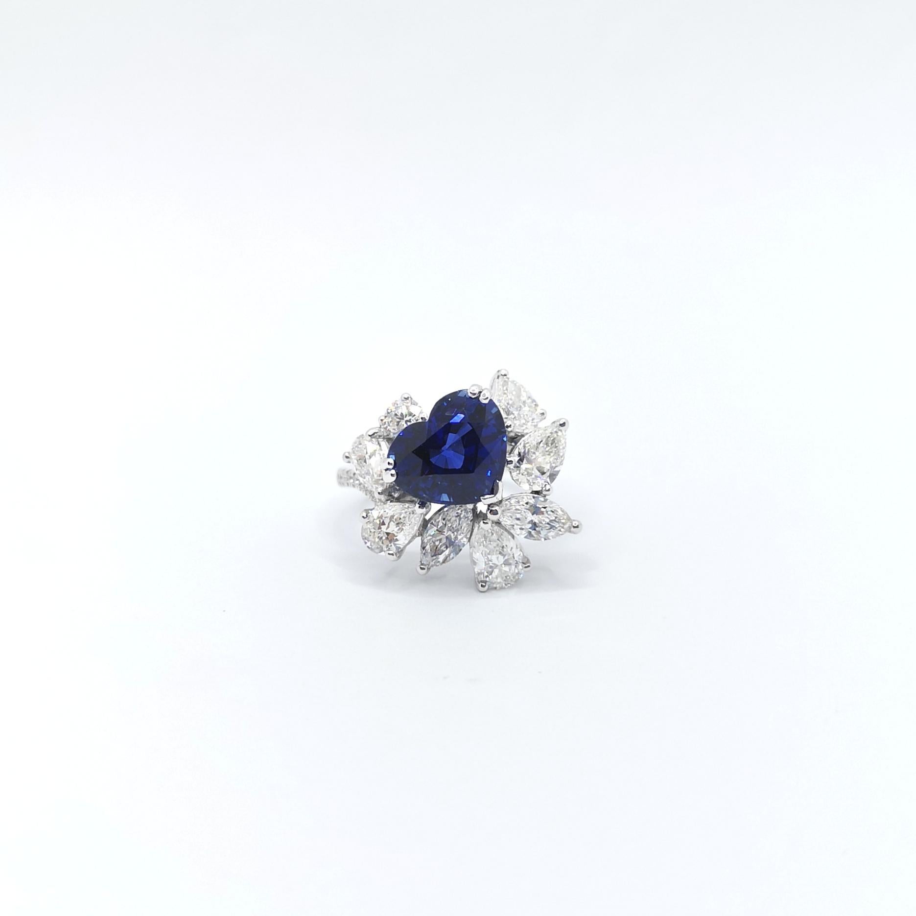 GIA Certified Heart Shape Blue Sapphire with Diamond Ring set in Platinum 950 For Sale 2