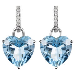 Heart Shape Blue Topaz Diamond Hoop Dangle Earring in 14 Karat White Gold