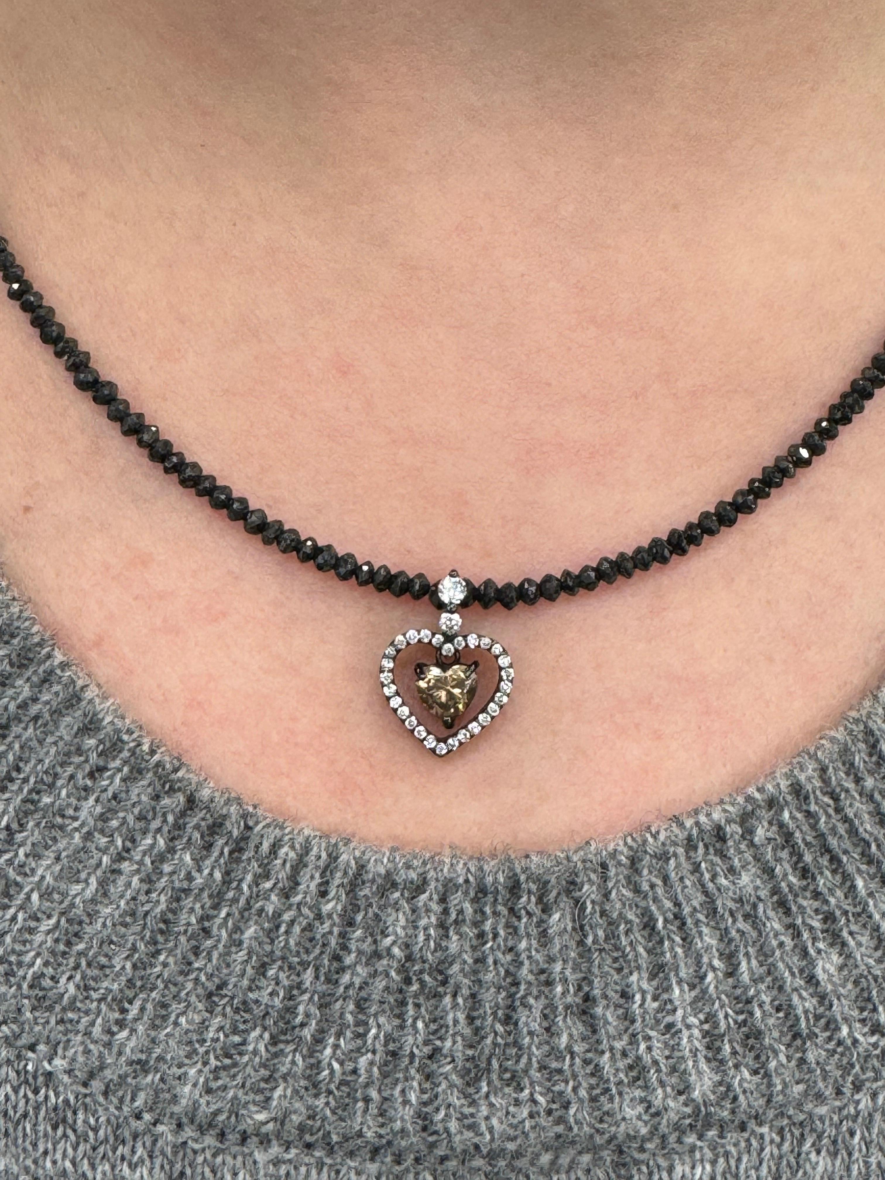 Heart Shape Brown Diamond Beaded Necklace with White & Black Diamond 15.70 CTTW In New Condition In New York, NY