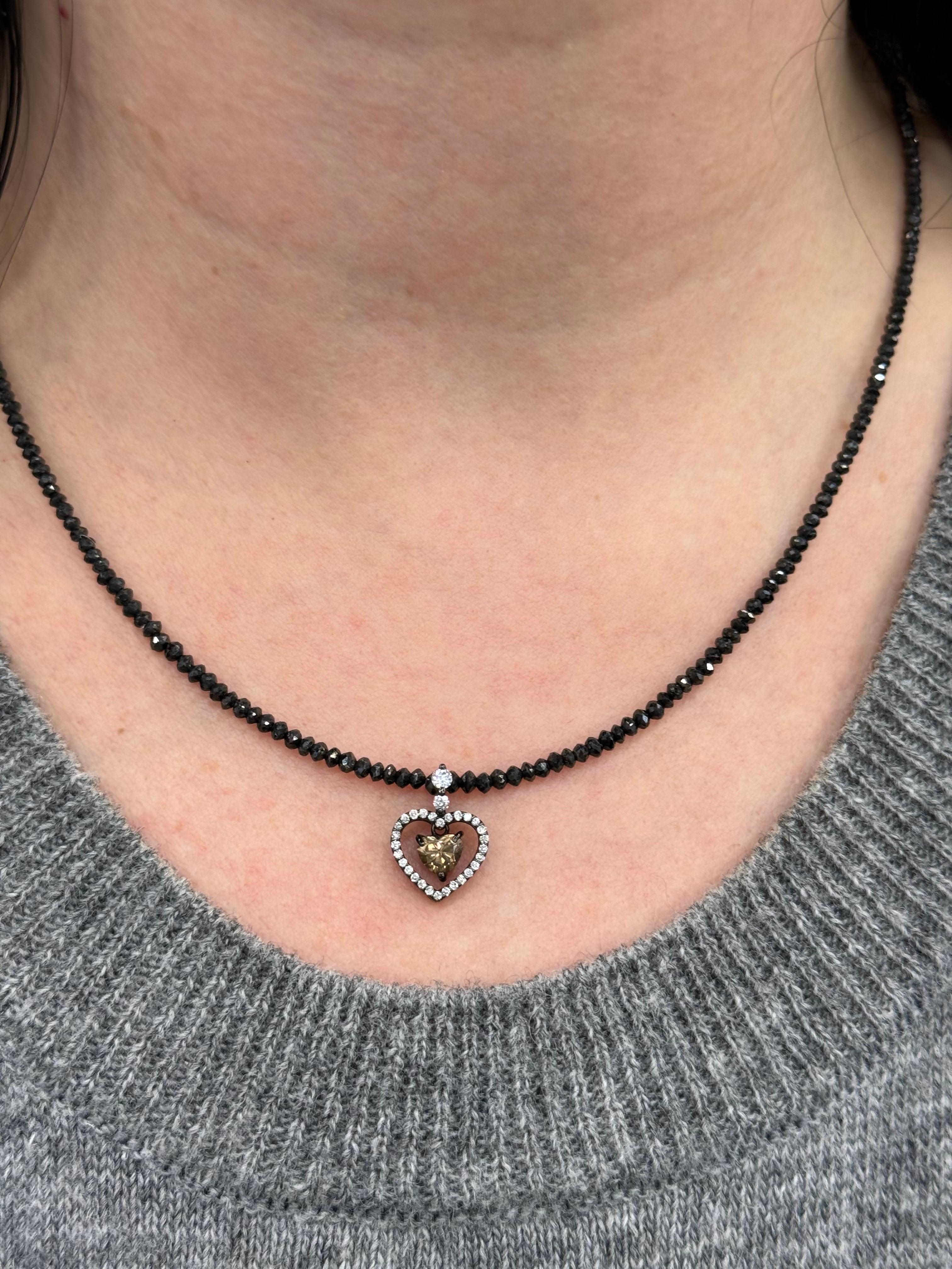 Women's Heart Shape Brown Diamond Beaded Necklace with White & Black Diamond 15.70 CTTW