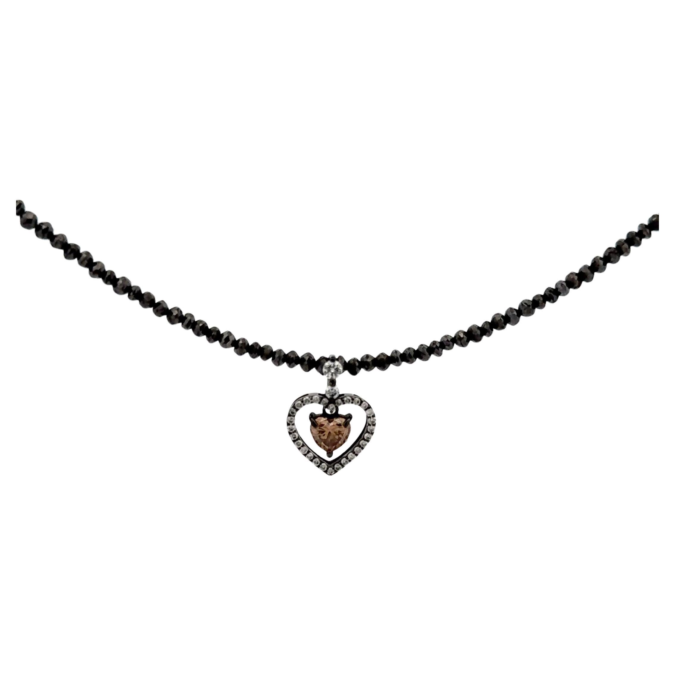 Heart Shape Brown Diamond Beaded Necklace with White & Black Diamond 15.70 CTTW