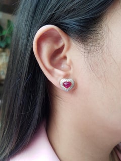 Heart Shape Cabochon Ruby with Diamond Earrings Set in 18 Karat Gold Settings