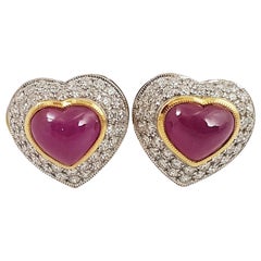 Heart Shape Cabochon Ruby with Diamond Earrings Set in 18 Karat Gold Settings