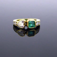 Heart Shape Diamond and Emerald Diamonds Ring, 18kt Yellow Gold, France