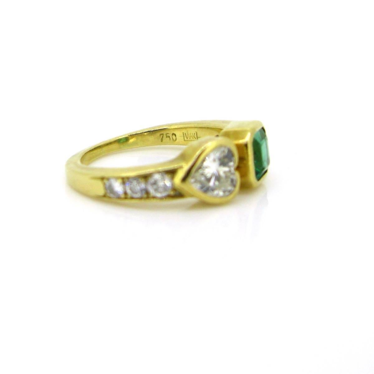 Emerald Cut Heart Shape Diamond and Emerald Diamonds Ring, 18kt Yellow Gold, France