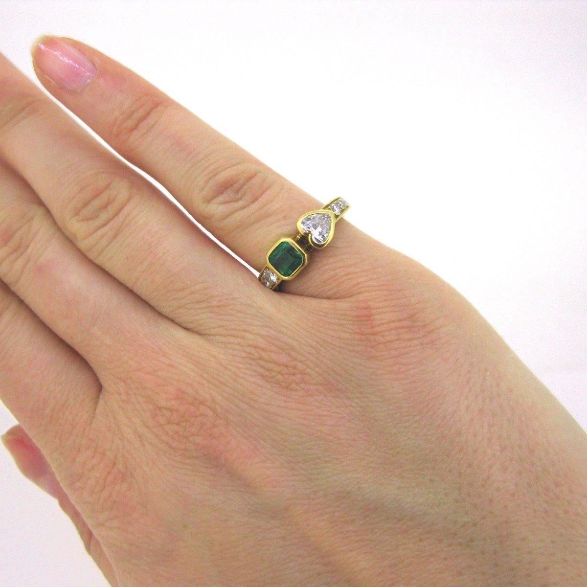 Heart Shape Diamond and Emerald Diamonds Ring, 18kt Yellow Gold, France 2