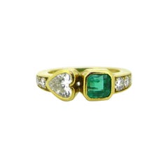 Heart Shape Diamond and Emerald Diamonds Ring, 18kt Yellow Gold, France