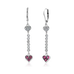 Heart Shape Diamond and Ruby White Gold Hoop Drop Earrings