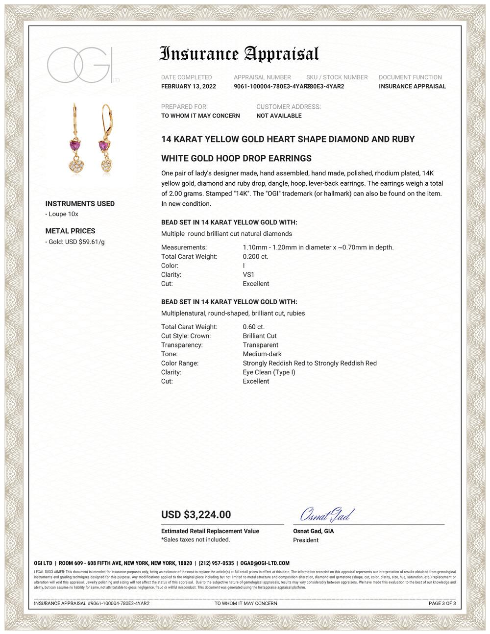 Fourteen karats yellow gold heart-shaped hoop drop earrings 
Two heart shaped ruby weighing 0.80 carat
Diamonds weighing 0.23 carats
Ruby hue tone color is rose red 
New Earrings
The 14 karat gold earrings are hanging gold lever backs 
Handmade in