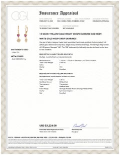 Heart Shape Diamond and Ruby Yellow Gold Lever Back Hoop Earrings