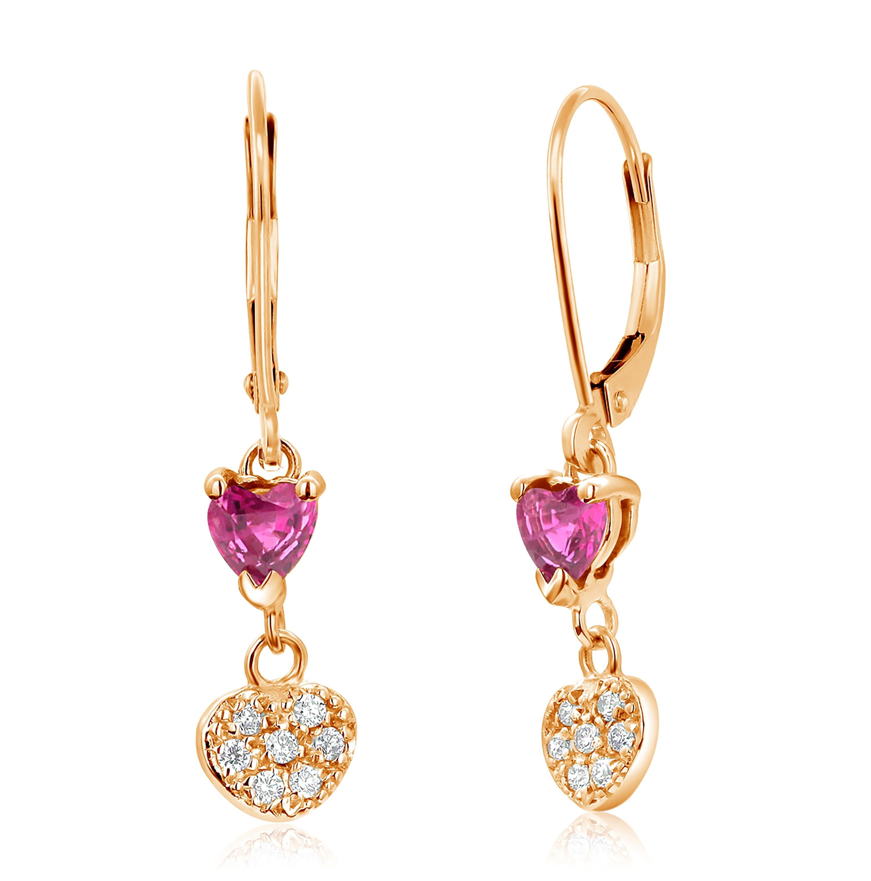 Heart Cut Heart Shape Diamond and Ruby Yellow Gold Lever Back Hoop Earrings