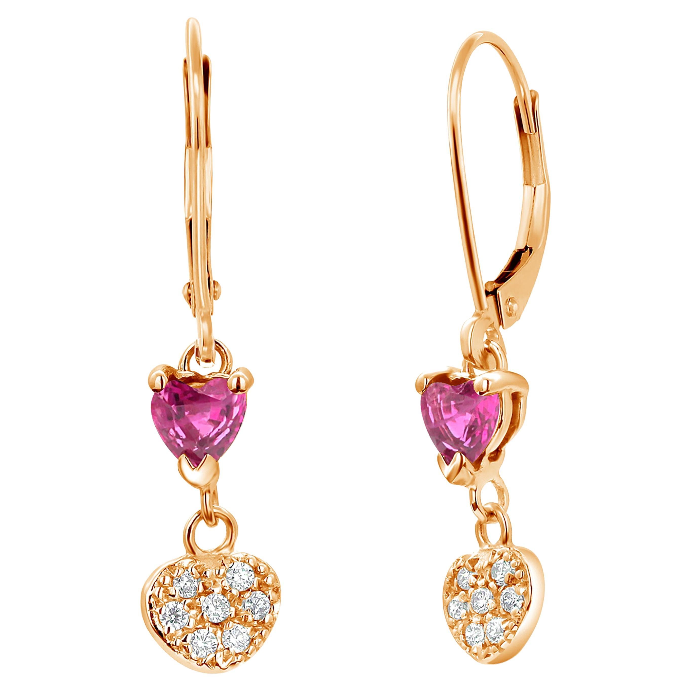 Heart Shape Diamond and Ruby Yellow Gold Lever Back Hoop Earrings